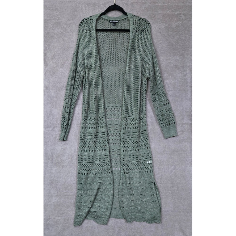 Moral Fiber Duster Cardigan Women 3X Green Open Front Crochet Knit Festival Boho